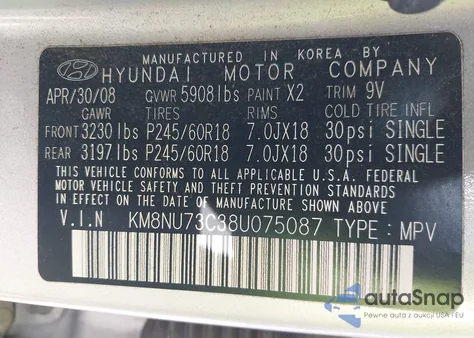 2008 Hyundai Veracruz Gls/Limited/Se z USA, uszkodzony, nr VIN KM8NU73C38U075087